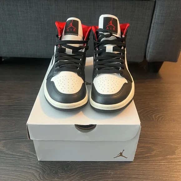 Women’s Nike Air Jordan 1 Mid Black and Red Sneakers BQ6472-061 (Red Panda) - Picture 4 of 13